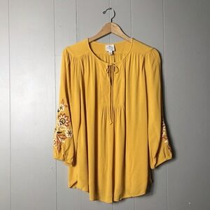 ST JOHN'S BAY GOLDEN YELLOW RAYON PEASANT BLOUSE EMBROIDERED SLEEVE WOMENS LARGE